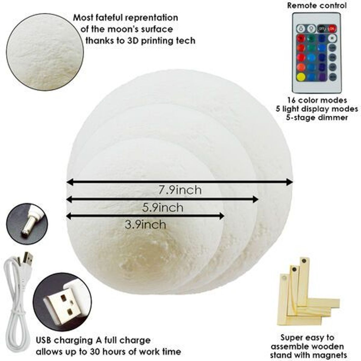 Lampe De Table En Forme De Lune Avec Impression 3d, Lampe Cr... - 5