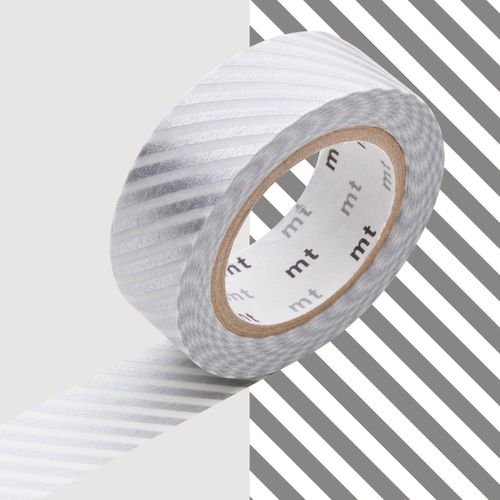 Masking Tape Mt 15 Mm Rayé Argent Et Blanc - Masking Tape (Mt)