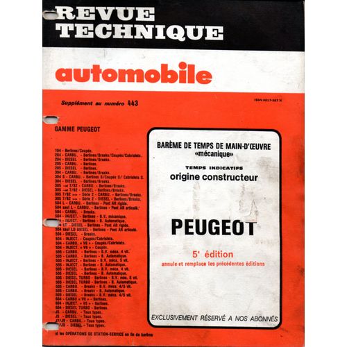 Bareme De Temps De Main D'oeuvre De La Rta Peugeot 5 Eme Edition / 104 / 204 / 205 / 304 / 504 / J5 