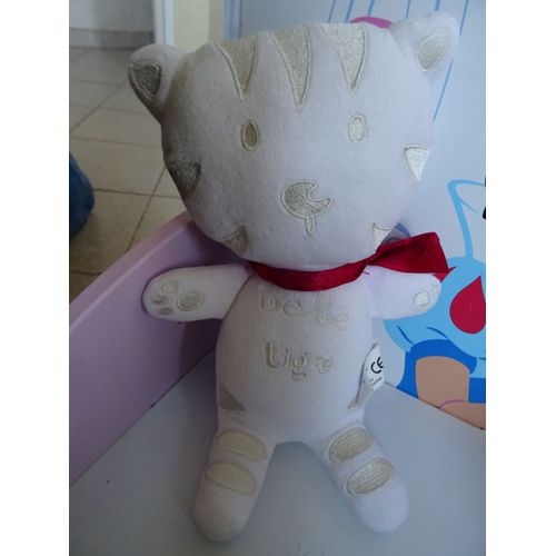 Doudou "Bébé Tigre" Cadet Rousselle Blanc Crème Rouge