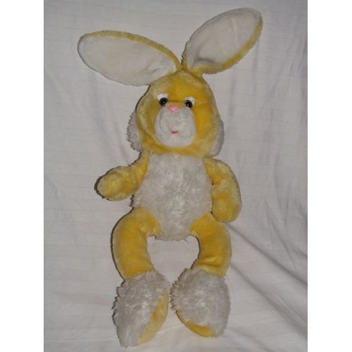 Grand Lapin Mgm Doudou Jaune Blanc Peluche 60 Cm + Oreilles 25 Cm