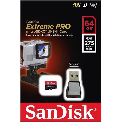 SanDisk Extrême PRO 64 Go Carte mémoire Micro SD SDXC + Lecteur USB 3.0 jusqu'à 275 Mo/s, UHS-II Classe 10, U3
