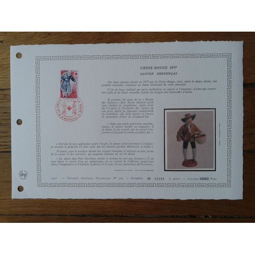 Document Artistique Philatélique Cérès 1977 Feuillet N°308 Timbre France Yt N°1959 Croix-Rouge 1977 Santon Provençal Oblitéré Premier Jour 26 Novembre 1977