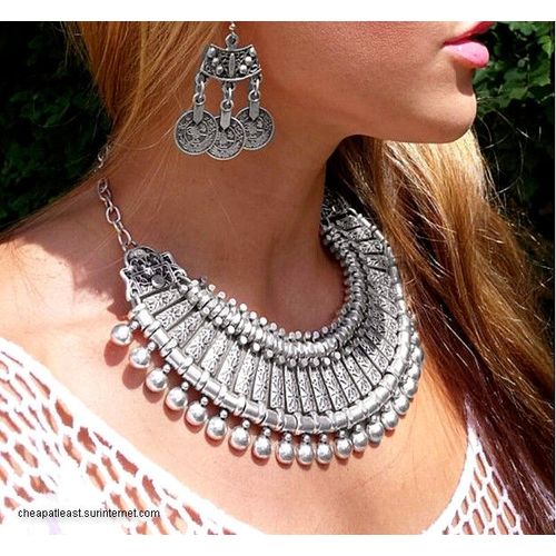 Parure Boucles D'oreilles + Collier Plastron En Métal Argenté Couleur Argent Tibétain Vieilli - Breloques Pièces Style Rome Antique Rétro Vintage Baroque Ethnique Fashion Tendance Greco Spartiate