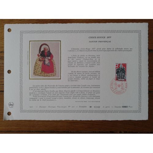 Document Artistique Philatélique Cérès 1977 Feuillet N°307 Timbre France Yt N°1960 Croix-Rouge 1977 Santon Provençal Oblitéré Premier Jour 26 Novembre 1977