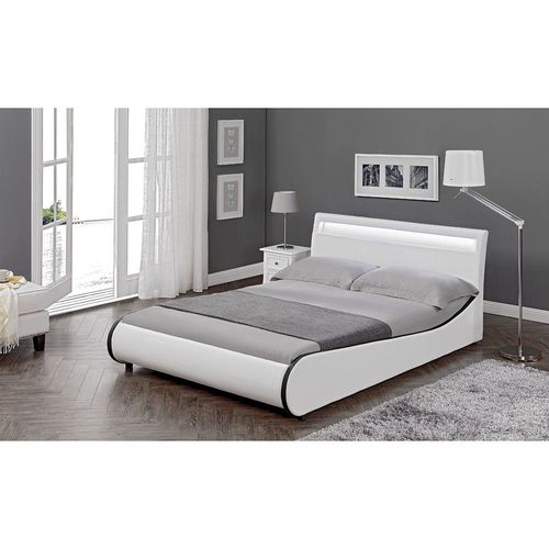 Lit Capitonné À Led De Corium 'valencia' Avec Matelas (180x200cm)(Blanc)(Mousse Froide) - Avec Cuir Synthétique / Housse En Cuir Synthétique / Éclairage Rvb / Avec Sommier À Lattes /