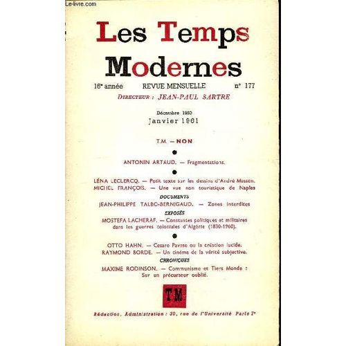 Les Temps Modernes N° 177 - T. M. -Non.Antonin Artaud. ¿ Fragmentationslena Leclercq. ¿ Sur Les Dessins D¿André Masson.Michel François. ¿ Une Vue Non Touristique De ...