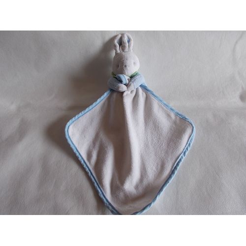 Doudou Klorane Lapin Blanc Et Bleu Col Vert Mouchoir Blanc