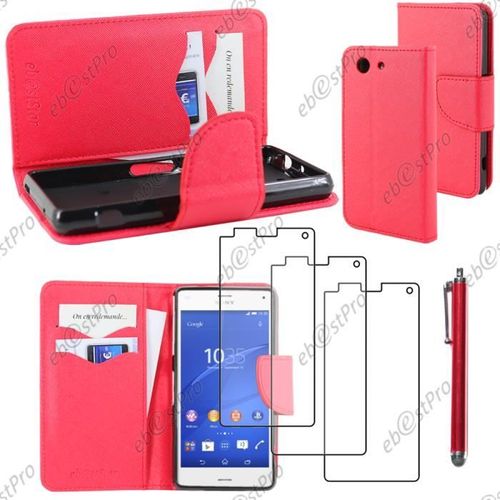 Wofalo® Etui Portefeuille Sony Xperia Z3 Compact, Rouge +Stylet 3 Film