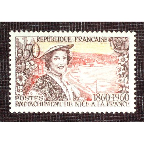 France N° 1247 Neuf Sans Charnière De 1960 - 50c Brun-Rouge, Rouge Et Jaune « Centenaire Du Rattachement Du Duché De Savoie Et Du Comté De Nice : Niçoise Et Plage »