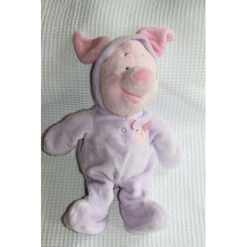Doudou Disney Nicotoy Porcinet En Pyjama Combinaison Capuche Rose Mauve 33 Cm  De Haut