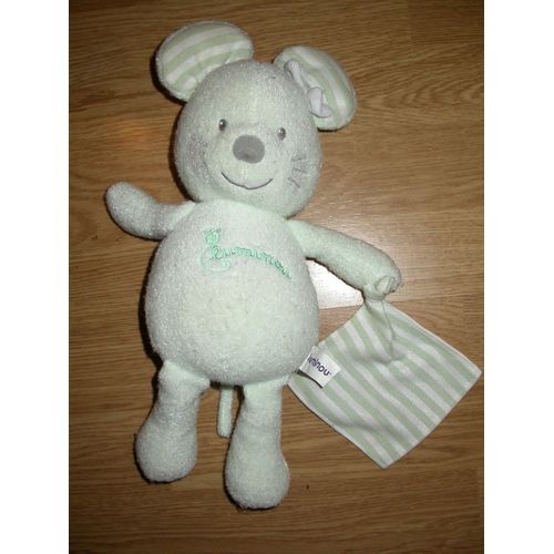 Doudou Peluche Souris Mousse Mouse Mause Maus Luminou Vert Vete Mouchoir Rayé  Jemini Noeud Papillon Vichy Brille Dans La Nuit Luminecsent 35 Cm +/- 