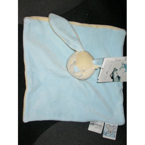 Doudou Peluche Lapin Lievre Bunny Rabbit Hase Orchestra Nicotoy Plat Carré Bleu Ciel Étiquette Dessin Souris Amtoys Nicotoy