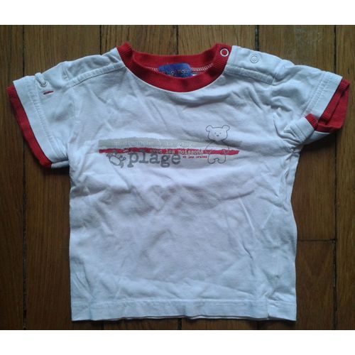 T-Shirt De Bon Matin Coton 9 Mois Blanc 2 Pressions Épaule Gauche "Plage