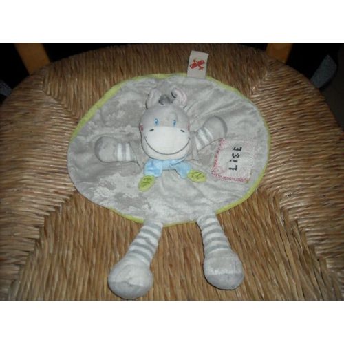 Doudou Plat Rond Et Gris Zèbre/Cheval/Âne Avec Écharpe Bleu Et Imprimé Lise Nicotoy Simba Dickie