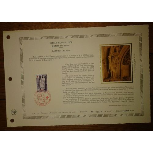 Document Artistique Philatélique Cérès 1976 Feuillet N°257 Timbre France Yt N°1910 Croix-Rouge 1976 Eglise De Brou Sainte-Barbe Oblitéré Premier Jour 20 Novembre 1976