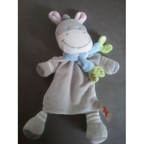 Nicotoy Doudou Vache Zèbre Âne Cheval Gris Écharpe Bleue Feuilles Vertes