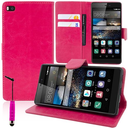 Etui Portefeuille Pour Huawei P8 Support Video Cuir Pu - Rose + Mini Stylet