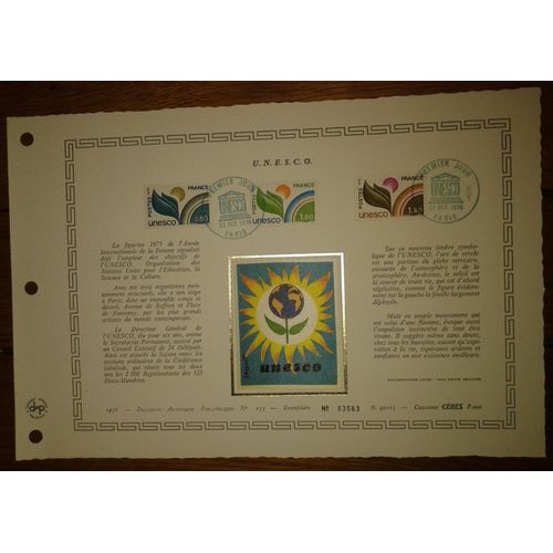 Document Artistique Philatélique Cérès 1976 Feuillet N°253 Timbre France Yt N°50, 51 Et 52 Unesco Oblitéré Premier Jour 23 Octobre 1976