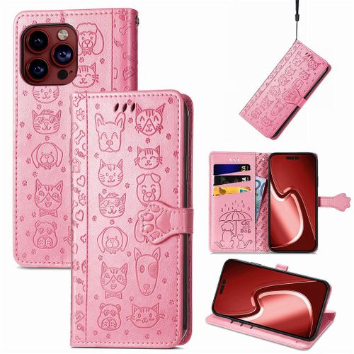 Saturcase Coque Pour Apple Iphone 15 Pro Max, Chien Et Chat Mignon Pu Cuir Magnétique Flip Portefeuille Support Porte-Carte Protecteur Housse Étui Avec Dragonne Pour Apple Iphone 15 Pro Max (Pink)