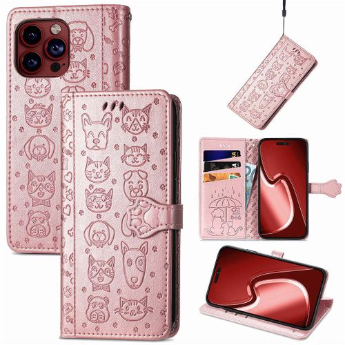 Saturcase Coque Pour Apple Iphone 15 Pro Max, Chien Et Chat Mignon Pu Cuir Magnétique Flip Portefeuille Support Porte-Carte Protecteur Housse Étui Avec Dragonne Pour Apple Iphone 15 Pro Max (Or Rose)
