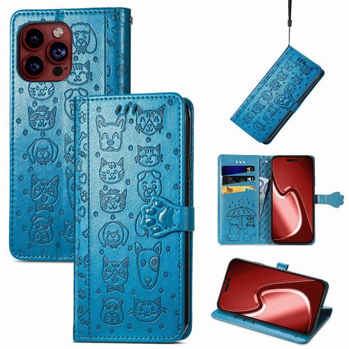 Saturcase Coque Pour Apple Iphone 15 Pro Max, Chien Et Chat Mignon Pu Cuir Magnétique Flip Portefeuille Support Porte-Carte Protecteur Housse Étui Avec Dragonne Pour Apple Iphone 15 Pro Max (Bleu)