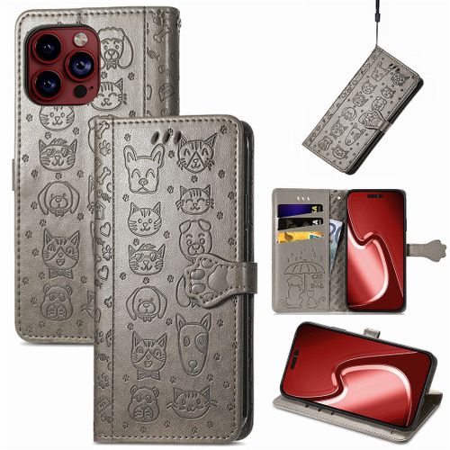 Saturcase Coque Pour Apple Iphone 15 Pro Max, Chien Et Chat Mignon Pu Cuir Magnétique Flip Portefeuille Support Porte-Carte Protecteur Housse Étui Avec Dragonne Pour Apple Iphone 15 Pro Max (Gris)