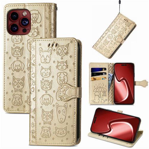 Saturcase Coque Pour Apple Iphone 15 Pro Max, Chien Et Chat Mignon Pu Cuir Magnétique Flip Portefeuille Support Porte-Carte Protecteur Housse Étui Avec Dragonne Pour Apple Iphone 15 Pro Max (Or)