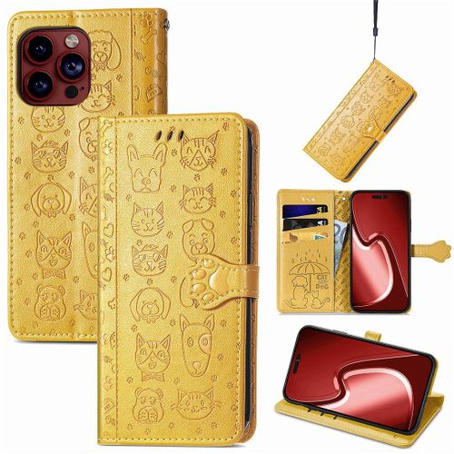 Saturcase Coque Pour Apple Iphone 15 Pro Max, Chien Et Chat Mignon Pu Cuir Magnétique Flip Portefeuille Support Porte-Carte Protecteur Housse Étui Avec Dragonne Pour Apple Iphone 15 Pro Max (Jaune)