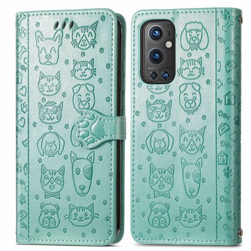 Saturcase Coque Pour Oneplus 9 Pro, Chien Et Chat Mignon Pu Cuir Magnétique Flip Portefeuille Support Porte-Carte Protecteur Housse Étui Avec Dragonne Pour Oneplus 9 Pro (Vert)