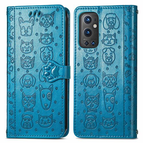 Saturcase Coque Pour Oneplus 9 Pro, Chien Et Chat Mignon Pu Cuir Magnétique Flip Portefeuille Support Porte-Carte Protecteur Housse Étui Avec Dragonne Pour Oneplus 9 Pro (Bleu)