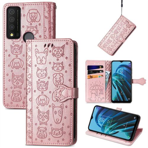 Saturcase Coque Pour Tcl 30 Xe 5g, Chien Et Chat Mignon Pu Cuir Magnétique Flip Portefeuille Support Porte-Carte Protecteur Housse Étui Avec Dragonne Pour Tcl 30 Xe 5g (Or Rose)