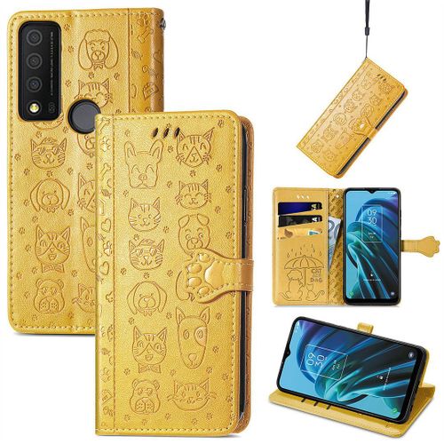 Saturcase Coque Pour Tcl 30 Xe 5g, Chien Et Chat Mignon Pu Cuir Magnétique Flip Portefeuille Support Porte-Carte Protecteur Housse Étui Avec Dragonne Pour Tcl 30 Xe 5g (Jaune)