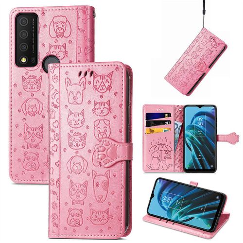 Saturcase Coque Pour Tcl 30 Xe 5g, Chien Et Chat Mignon Pu Cuir Magnétique Flip Portefeuille Support Porte-Carte Protecteur Housse Étui Avec Dragonne Pour Tcl 30 Xe 5g (Pink)