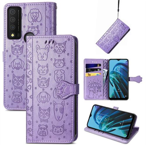 Saturcase Coque Pour Tcl 30 Xe 5g, Chien Et Chat Mignon Pu Cuir Magnétique Flip Portefeuille Support Porte-Carte Protecteur Housse Étui Avec Dragonne Pour Tcl 30 Xe 5g (Violet)