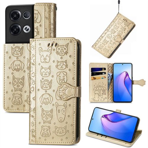 Saturcase Coque Pour Oppo Reno 8 Pro 5g, Chien Et Chat Mignon Pu Cuir Magnétique Flip Portefeuille Support Porte-Carte Protecteur Housse Étui Avec Dragonne Pour Oppo Reno 8 Pro 5g (Or)