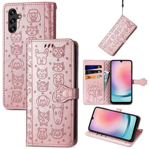 Saturcase Coque Pour Samsung Galaxy A24 4g, Chien Et Chat Mignon Pu Cuir Magnétique Flip Portefeuille Support Porte-Carte Protecteur Housse Étui Avec Dragonne Pour Samsung Galaxy A24 4g (Or Rose)