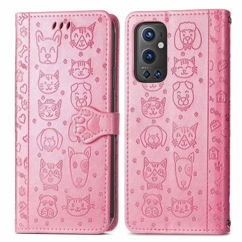 Saturcase Coque Pour Oneplus 9 Pro, Chien Et Chat Mignon Pu Cuir Magnétique Flip Portefeuille Support Porte-Carte Protecteur Housse Étui Avec Dragonne Pour Oneplus 9 Pro (Pink)