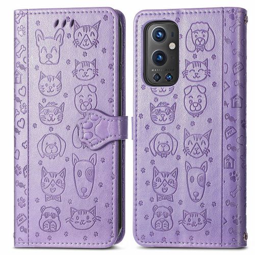 Saturcase Coque Pour Oneplus 9 Pro, Chien Et Chat Mignon Pu Cuir Magnétique Flip Portefeuille Support Porte-Carte Protecteur Housse Étui Avec Dragonne Pour Oneplus 9 Pro (Violet)