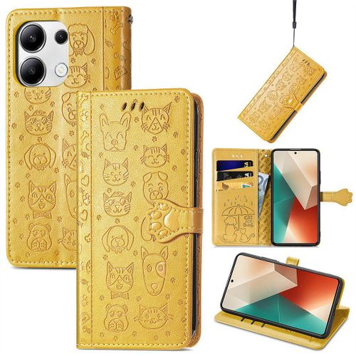Saturcase Coque Pour Xiaomi Redmi Note 13 4g, Chien Et Chat Mignon Pu Cuir Magnétique Flip Portefeuille Support Porte-Carte Protecteur Housse Étui Avec Dragonne Pour Xiaomi Redmi Note 13 4g (Jaune)