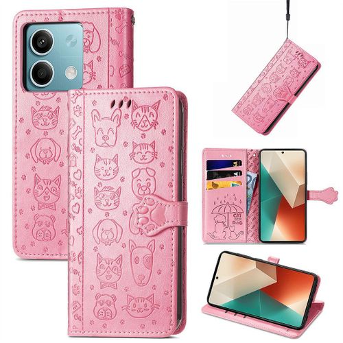 Saturcase Coque Pour Xiaomi Redmi Note 13 5g, Chien Et Chat Mignon Pu Cuir Magnétique Flip Portefeuille Support Porte-Carte Protecteur Housse Étui Avec Dragonne Pour Xiaomi Redmi Note 13 5g (Pink)