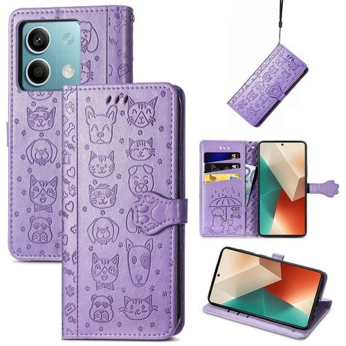 Saturcase Coque Pour Xiaomi Redmi Note 13 5g, Chien Et Chat Mignon Pu Cuir Magnétique Flip Portefeuille Support Porte-Carte Protecteur Housse Étui Avec Dragonne Pour Xiaomi Redmi Note 13 5g (Violet)