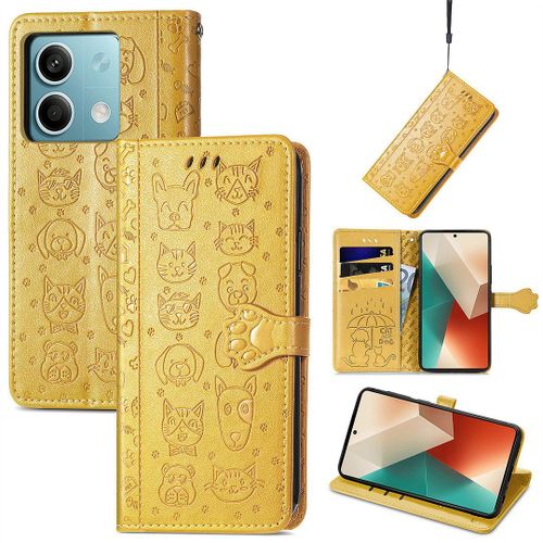 Saturcase Coque Pour Xiaomi Redmi Note 13 5g, Chien Et Chat Mignon Pu Cuir Magnétique Flip Portefeuille Support Porte-Carte Protecteur Housse Étui Avec Dragonne Pour Xiaomi Redmi Note 13 5g (Jaune)