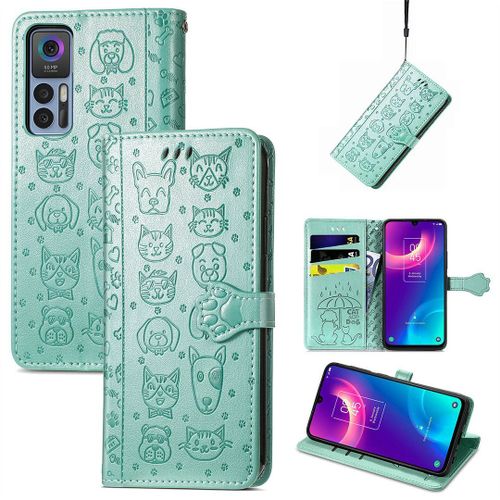 Saturcase Coque Pour Tcl 30 / 30 5g / 30+ 5g, Chien Et Chat Mignon Pu Cuir Magnétique Flip Portefeuille Support Porte-Carte Protecteur Housse Étui Avec Dragonne Pour Tcl 30 / 30 5g / 30+ 5g (Vert)