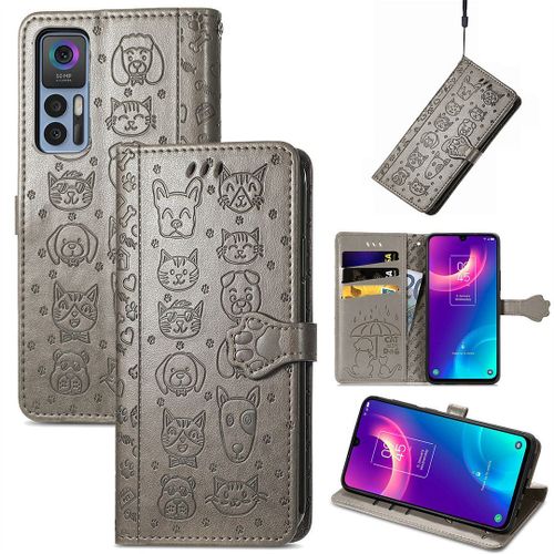 Saturcase Coque Pour Tcl 30 / 30 5g / 30+ 5g, Chien Et Chat Mignon Pu Cuir Magnétique Flip Portefeuille Support Porte-Carte Protecteur Housse Étui Avec Dragonne Pour Tcl 30 / 30 5g / 30+ 5g (Gris)