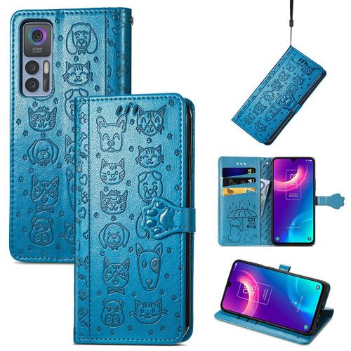 Saturcase Coque Pour Tcl 30 / 30 5g / 30+ 5g, Chien Et Chat Mignon Pu Cuir Magnétique Flip Portefeuille Support Porte-Carte Protecteur Housse Étui Avec Dragonne Pour Tcl 30 / 30 5g / 30+ 5g (Bleu)