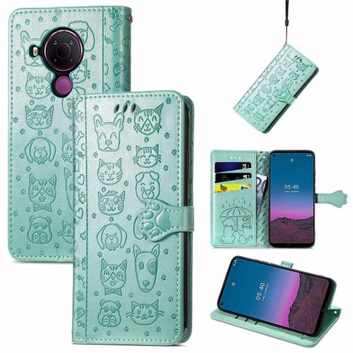 Saturcase Coque Pour Nokia 5.4, Chien Et Chat Mignon Pu Cuir Magnétique Flip Portefeuille Support Porte-Carte Protecteur Housse Étui Avec Dragonne Pour Nokia 5.4 (Vert)