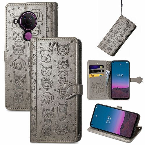 Saturcase Coque Pour Nokia 5.4, Chien Et Chat Mignon Pu Cuir Magnétique Flip Portefeuille Support Porte-Carte Protecteur Housse Étui Avec Dragonne Pour Nokia 5.4 (Gris)