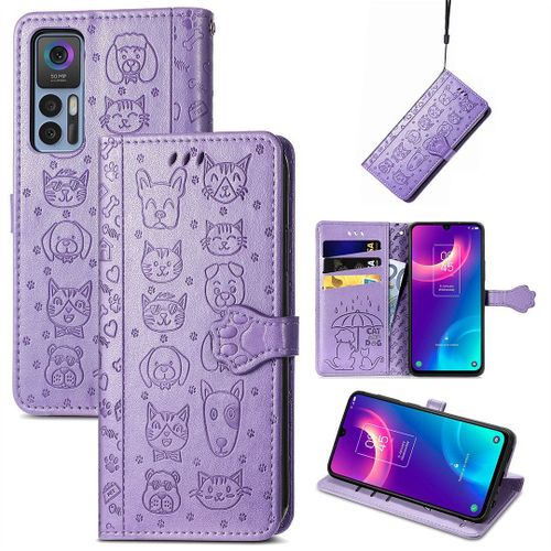 Saturcase Coque Pour Tcl 30 / 30 5g / 30+ 5g, Chien Et Chat Mignon Pu Cuir Magnétique Flip Portefeuille Support Porte-Carte Protecteur Housse Étui Avec Dragonne Pour Tcl 30 / 30 5g / 30+ 5g (Violet)