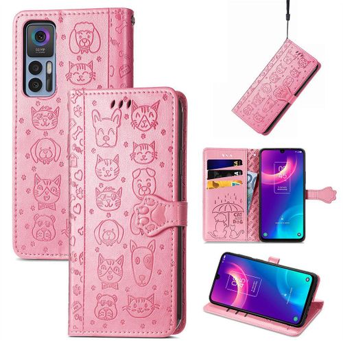 Saturcase Coque Pour Tcl 30 / 30 5g / 30+ 5g, Chien Et Chat Mignon Pu Cuir Magnétique Flip Portefeuille Support Porte-Carte Protecteur Housse Étui Avec Dragonne Pour Tcl 30 / 30 5g / 30+ 5g (Pink)